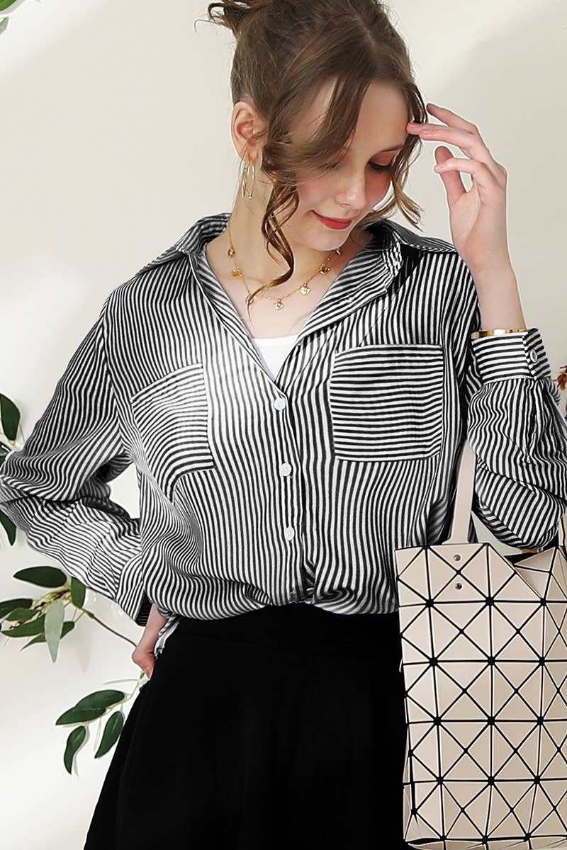NINEXIS - Wholesale Button Down Shirt - Women's - CWTSTL716_Striped Button Down Long Sleeve Collared Shirts27