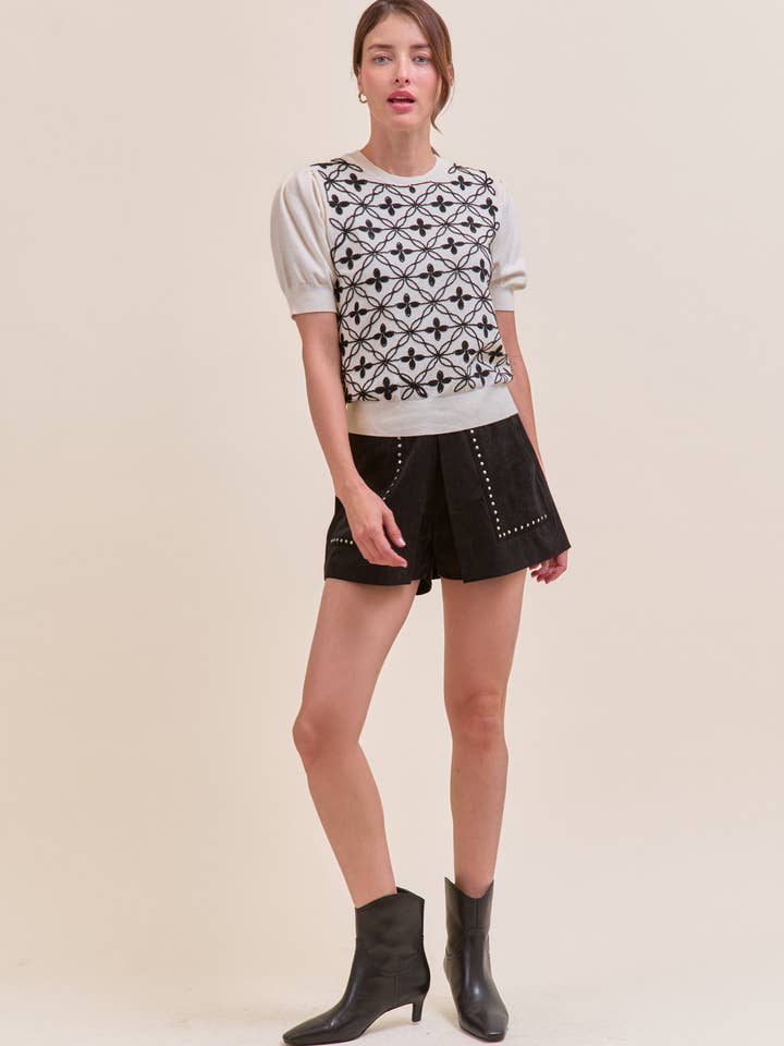 &MERCI - Wholesale Knit Sweater - Women's - SHORT PUFF SLEEVE EMBROIDERY FRONT SWEATER MSW1083241