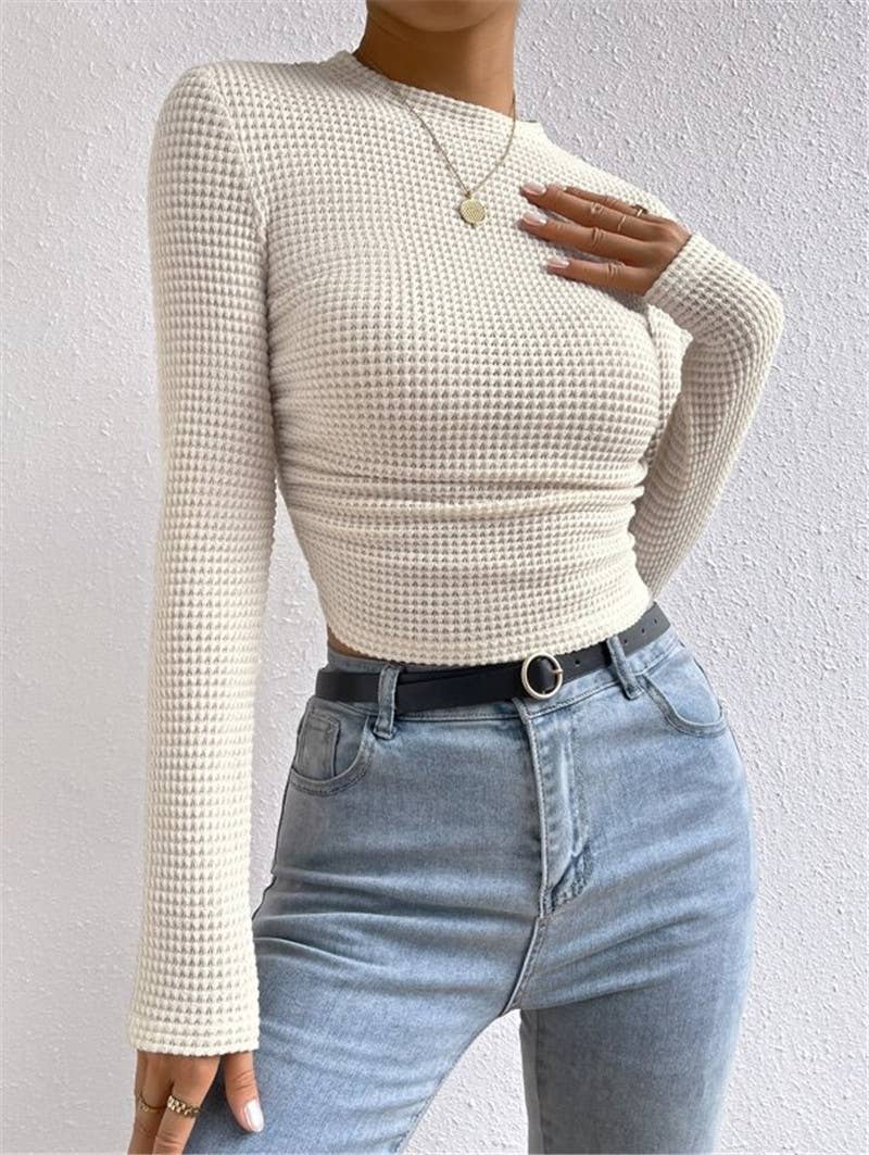 Rosa Clothing - Wholesale Knit Top - Women's - Waffle slim fit crewneck long sleeve t-shirt13