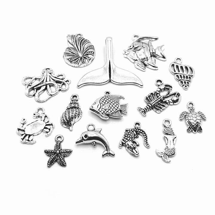 60 Piece Antique Silver Ocean Marine Mix Charms for wholesale by Guerrilla Charm