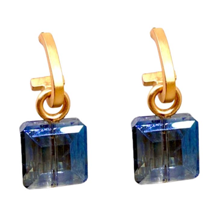 Matte Gold Paperclip and Blue Square Crystal Charm Earrings for wholesale by Deborah Grivas Designs