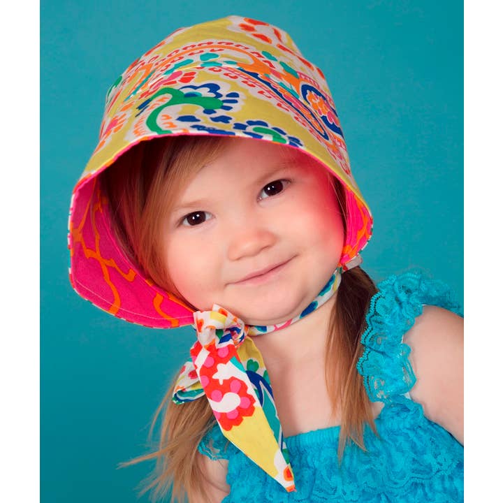 Gorro de sol hecho a mano con forma de reliquia, color amarillo y rosa intenso para venta al por mayor de The Daisy Baby LLC