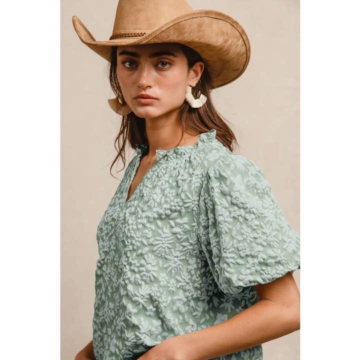 IVE - Wholesale Knit Top - Women's - FLORAL PATTERN TEXTURE SHORT BALLOON SLEEVES TOP6