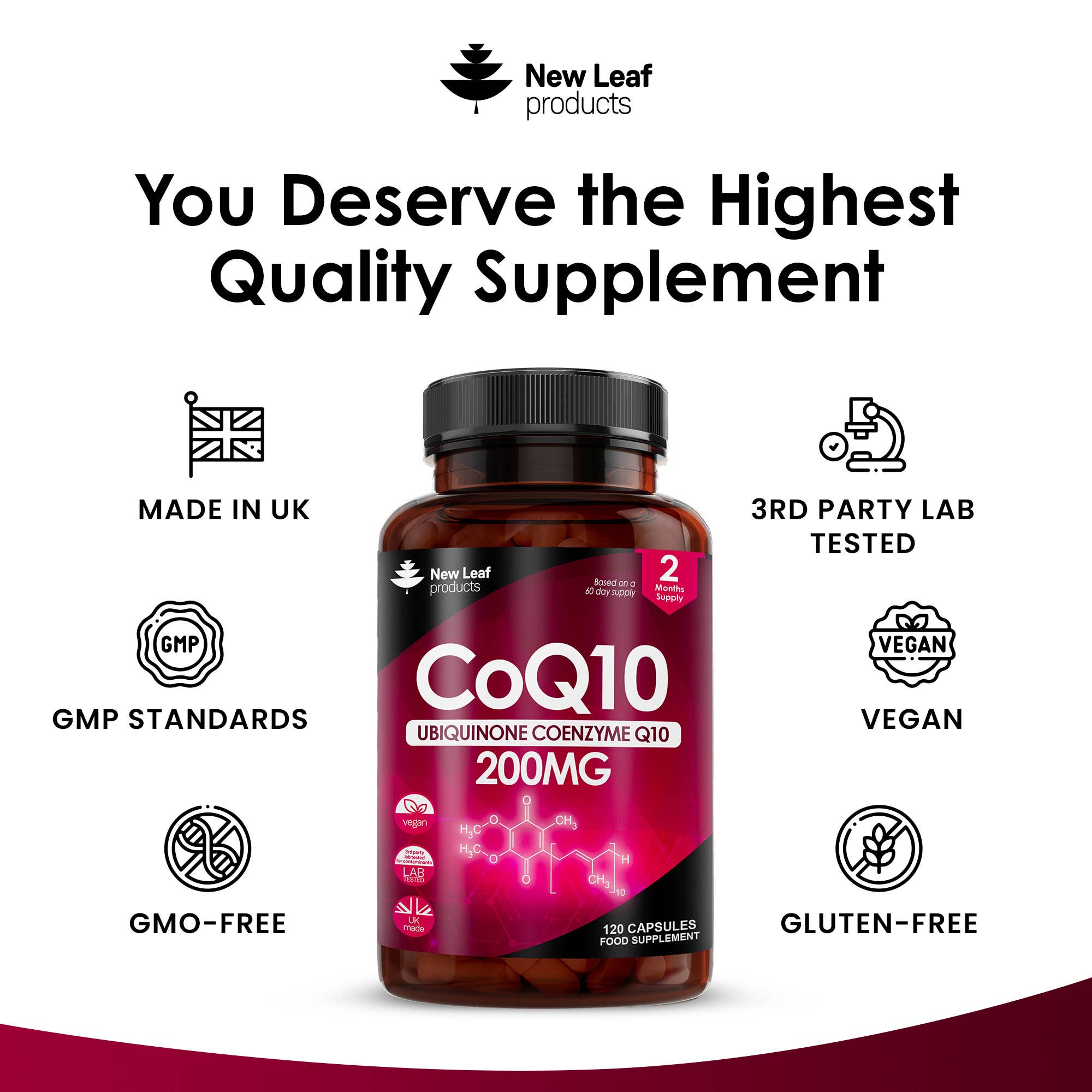 New Leaf products Ltd – wholesale Oral supplement/vitamin – CoQ10 200mg - Co Enzyme Pure Ubiquinone 120 Vegan Capsules3