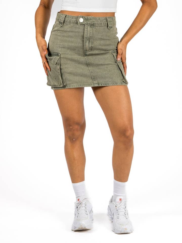 Washed Khaki Utility Denim Mini Skirt for wholesale by LIQUOR N POKER