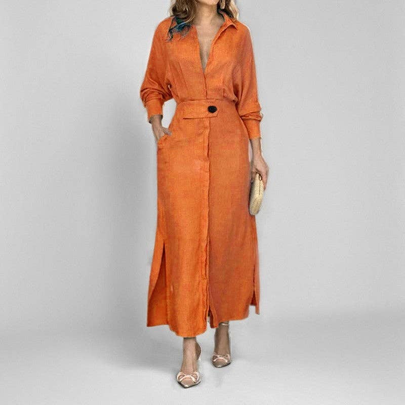 Plush Looks - Wholesale Dress - Women's - Tie Waist Solid Color Long Sleeve Shirt Dress7