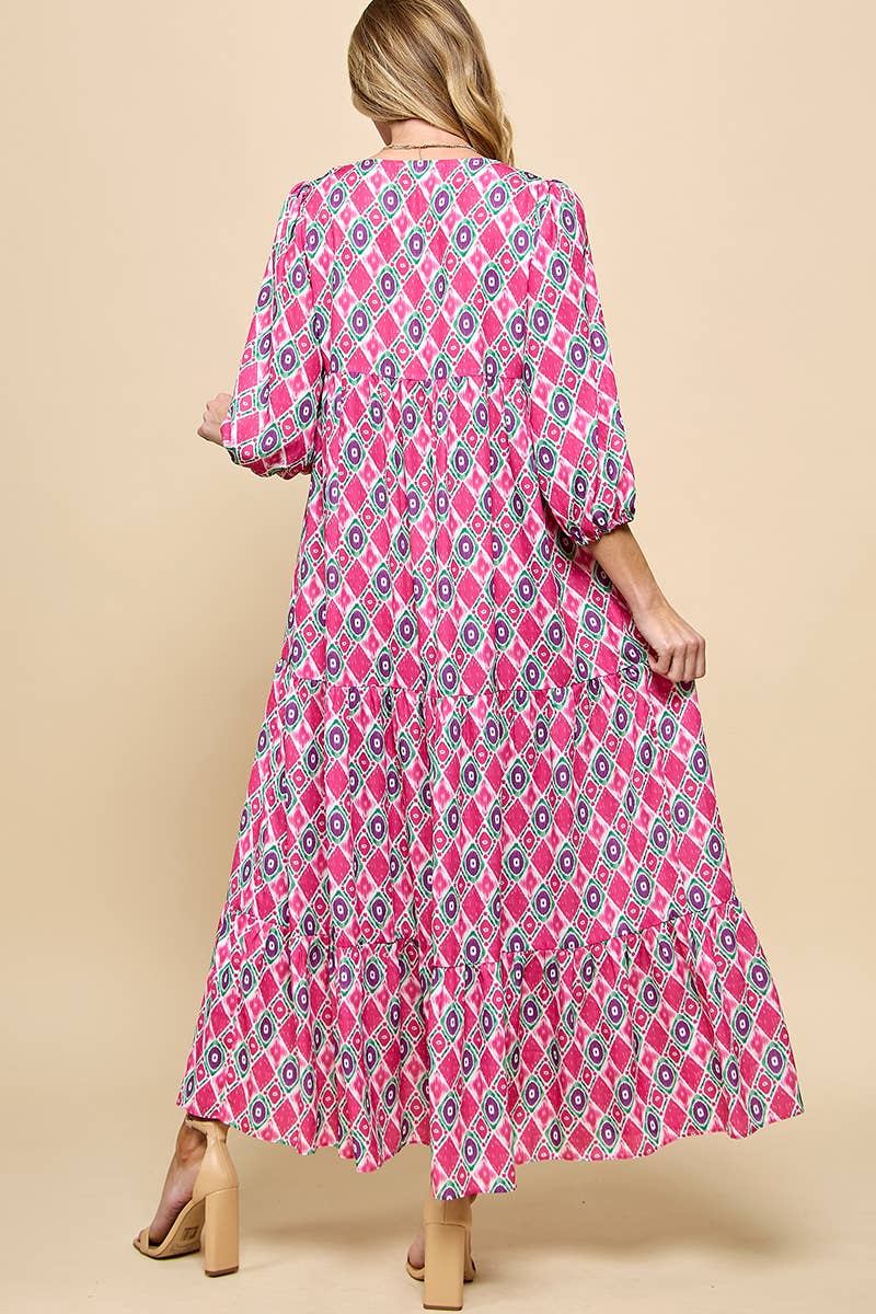 Cezele - Wholesale Dress - Women's - 3/4 Lantern Sleeve Print Boho Maxi Dress18