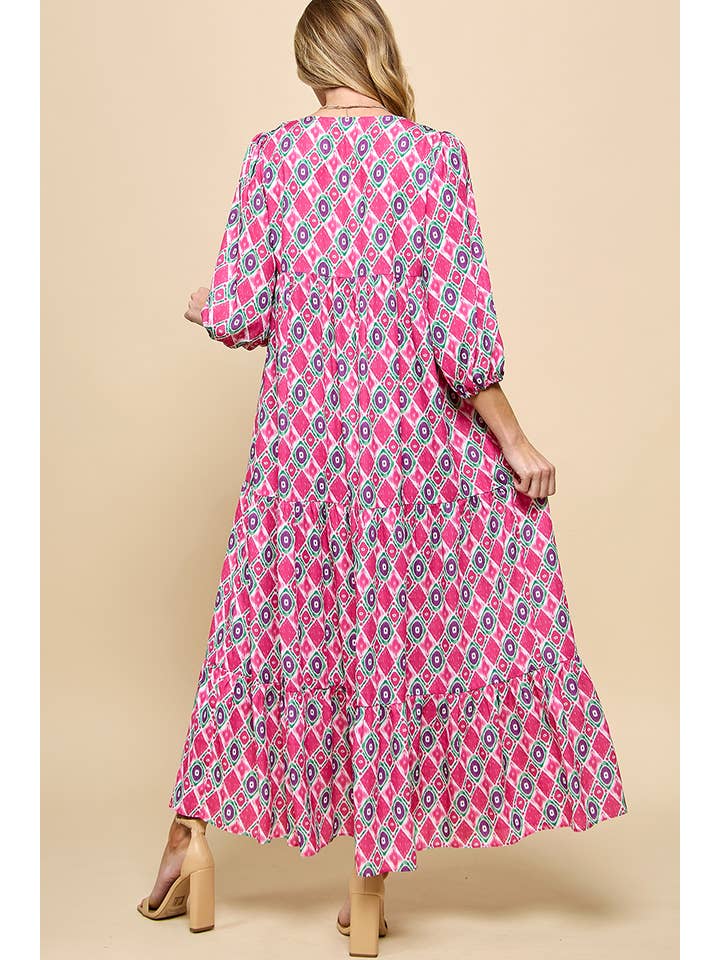 Cezele - Wholesale Dress - Women's - 3/4 Lantern Sleeve Print Boho Maxi Dress18