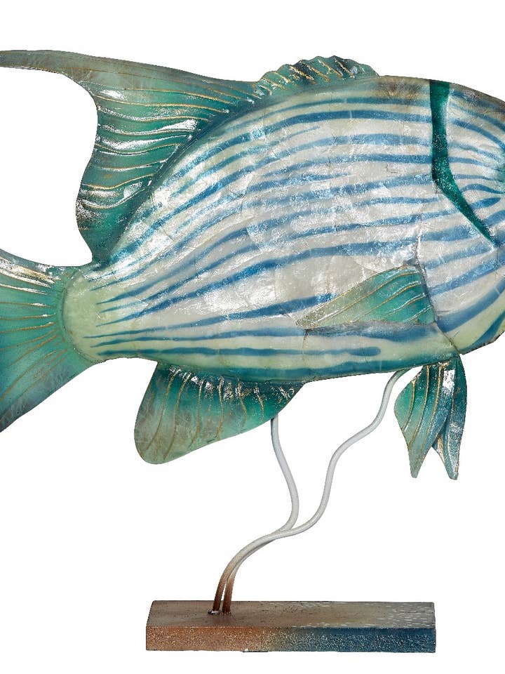 Large Jackfish on Stand 13x14" - Metal & Capiz Art for wholesale by HS Seashells