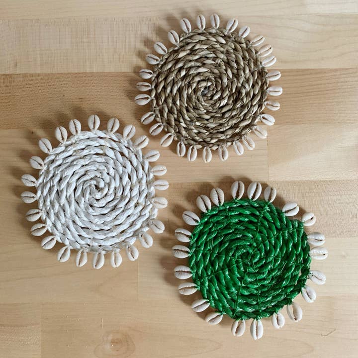 Round Shell Coaster | Cowrie Shell Coaster | Rattan Coaster for Boho Home Decor available 20th Nov for wholesale by Jak Jak Home