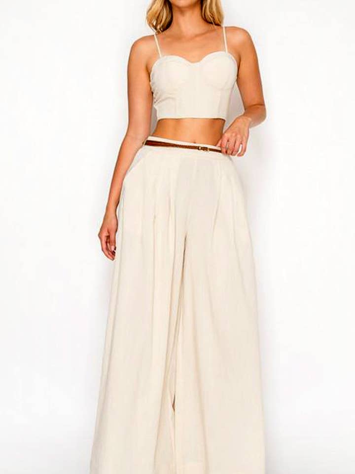 Cropped Corset Top And Belted Wide Leg Pant Set-Natural for wholesale by BJ's Closets