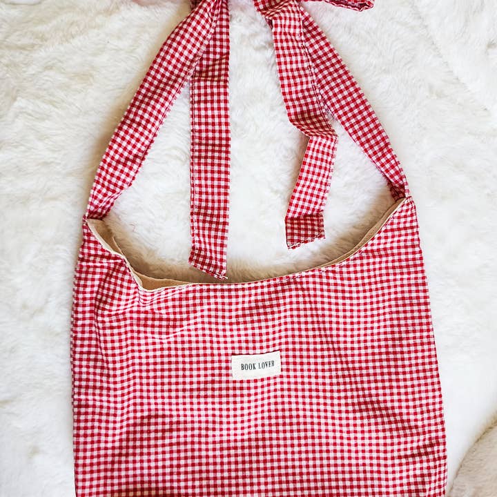 The Bean Workshop - Wholesale Tote Bag - Women's - Book Lover Gingham Cotton Tote Bag with Adjustable Strap3