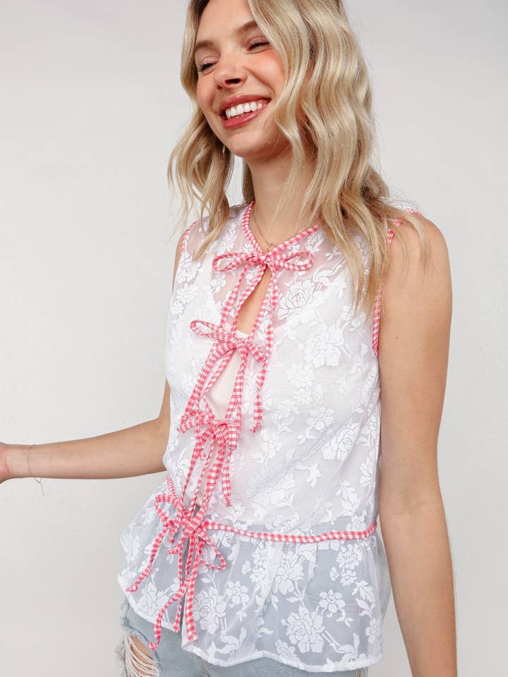 WHITE RED Gingham Check Ribbon Floral Burnout Vest for wholesale on Faire