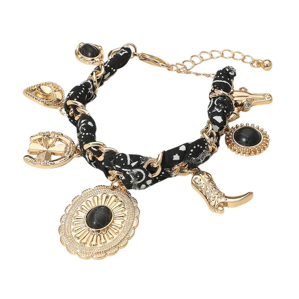 Sensibling Corp. - Vente Bracelets à breloques/pendentifs - Bracelet chaîne en tissu avec breloque bottes et chapeau de cowboy occidental3