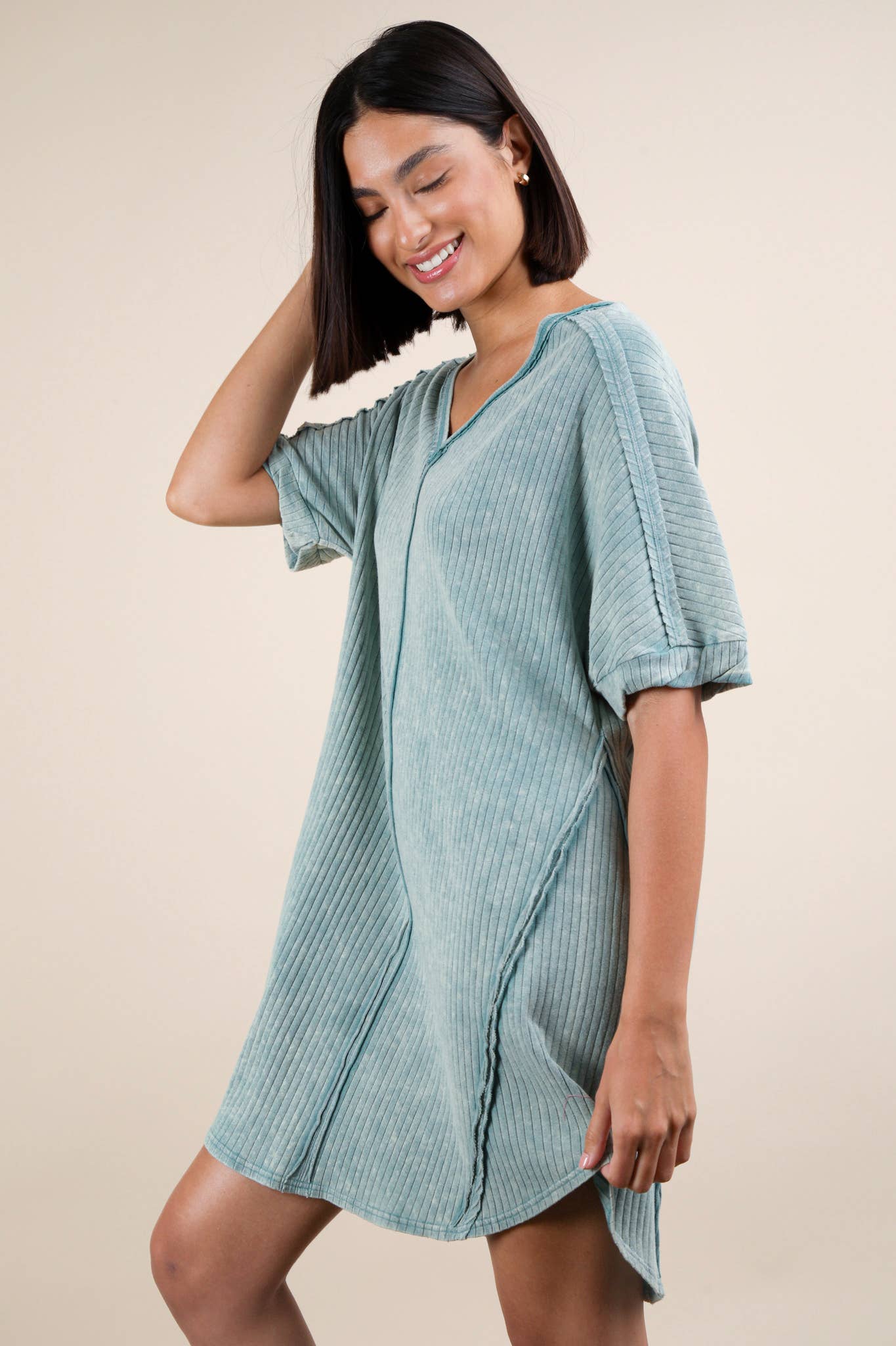 VERY J - Vente Robe – femme - Mini-robe droite en tricot côtelé délavé minéral ND3163612