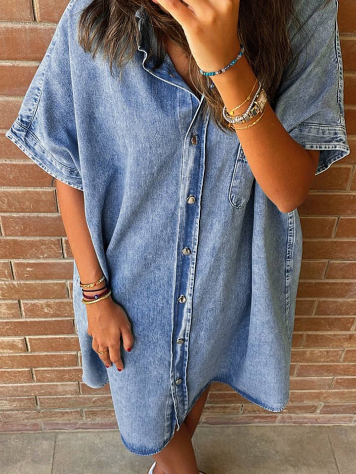 Light Blue Loose Medium Wash Chambray Dress with Short Sleeves for wholesale on Faire7