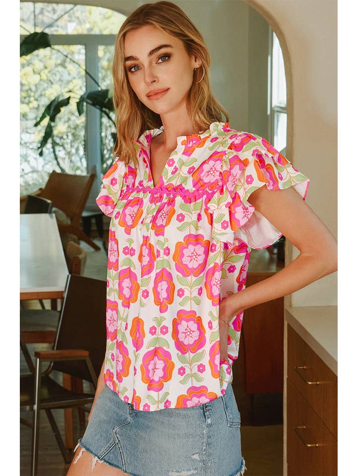 As shown Floral Ruffle Sleeve Ric-rac Trim Split Neck Loose Blouse for wholesale on Faire