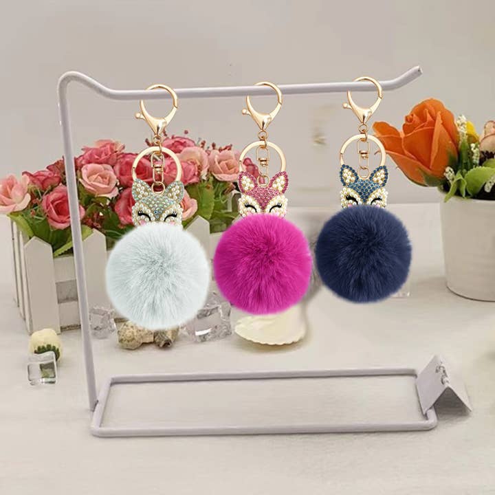 Real Sic - Wholesale Keychain - Unisex - Fuzzy Fox Keychain - Cute Animal Faux Fur Fluffy Fuzzy Fox Pom Pom Keychain