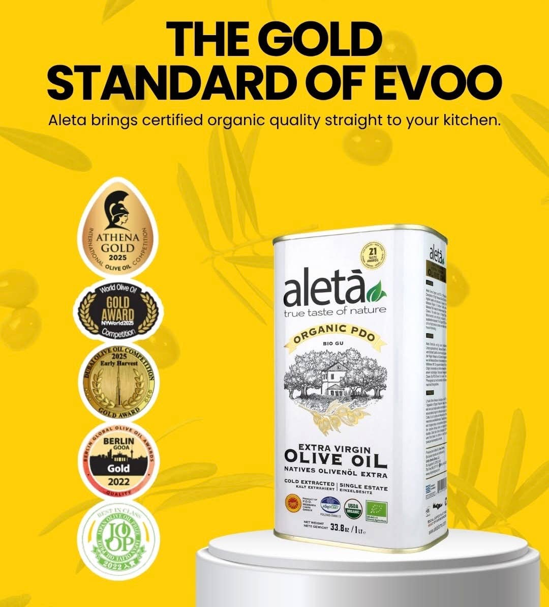 ALETA FARMS - Wholesale Olive Oil - Aleta Organic Estate, Greek Extra Virgin Olive Oil, 1 Lt Tin1