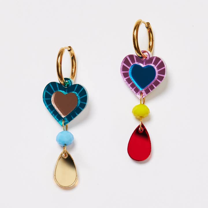 Heart and Bead Earrings - Rainbow for wholesale by Martha Jean