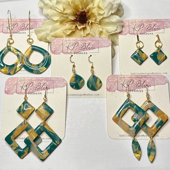 Green and Gold Marble Polymer Clay Earring Collection for wholesale by KP Bliss Designs