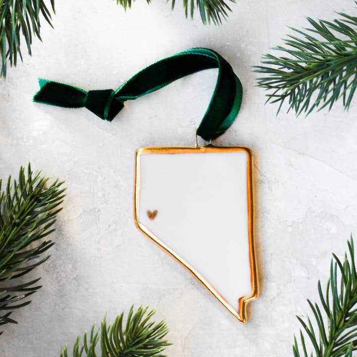 Nevada Handmade Porcelain State Ornament w/Gold Heart for wholesale by Apricity Ceramics