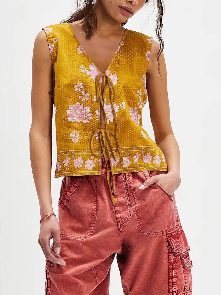 Boho Floral Print Casual V-Neck Lace-Up Sleeveless Vest for wholesale by Rosa Clothing