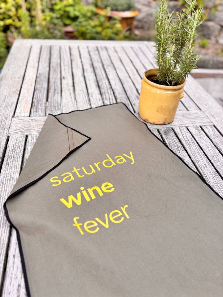 THE KHAKI EMBROIDERED TEA TOWEL "SATURDAY WINE FEVER" for wholesale by LES CHAHUTEES