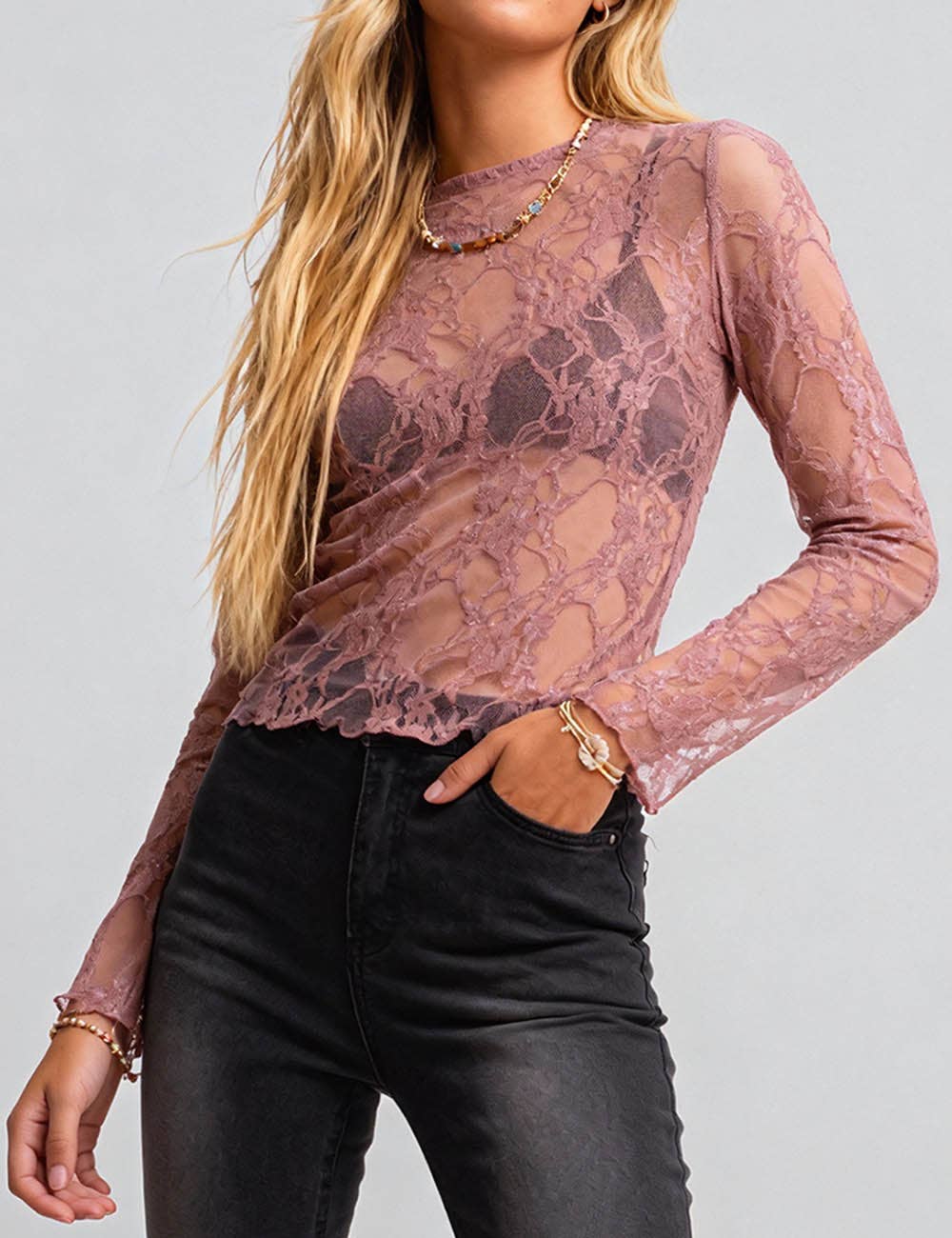 Sweetkama - Wholesale Blouse - Dames - Dames Bloemen Kant Blouse Transparante Laagjes Top SKT410183