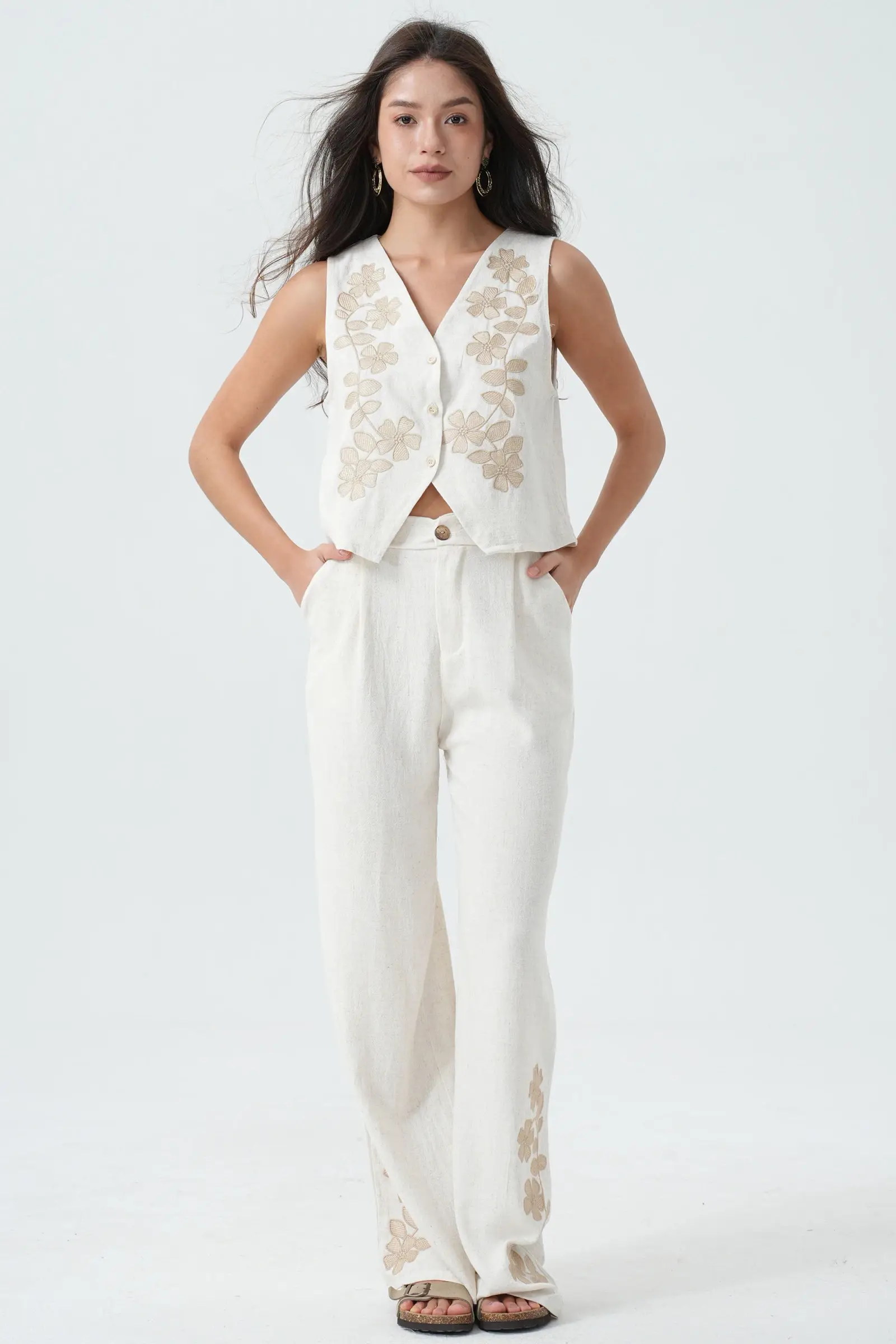 Beige Casual Embroidered Linen Pants PAN-530 for wholesale on Faire1