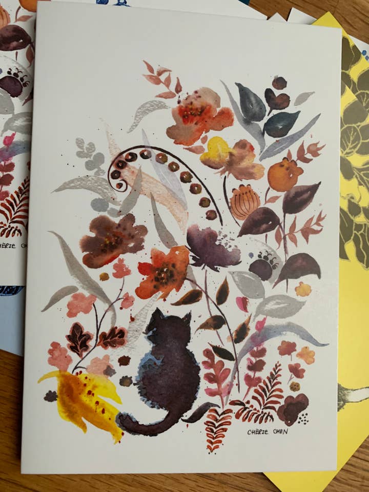 Cat greeting Card - floral - wild flower for wholesale by CherieChenArts