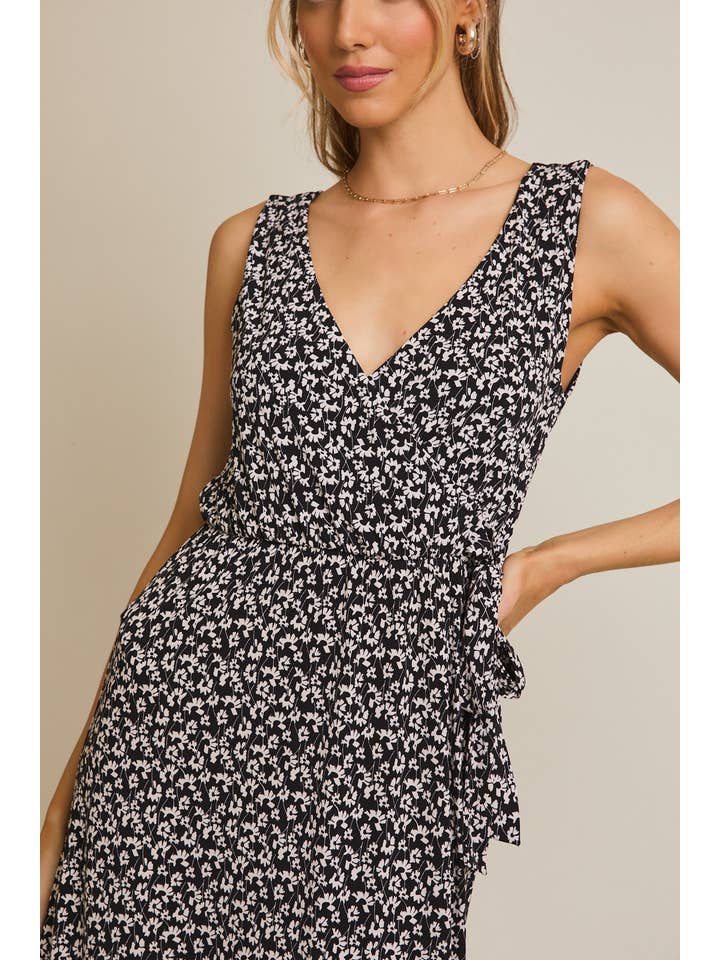 BLACK IVORY SLEEVELESS FAUX WRAP SIDE TIE MIDI DRESS for wholesale on Faire