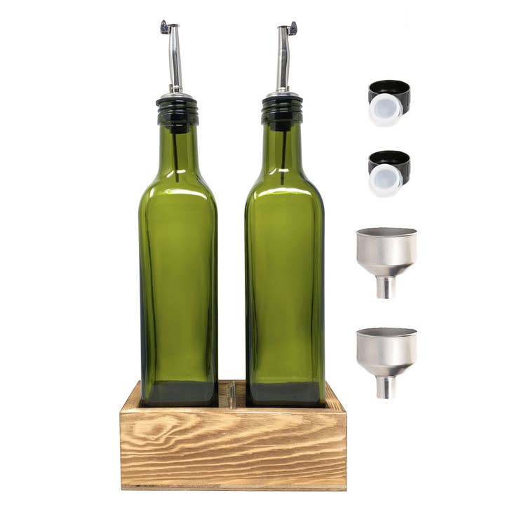 Lot de 2 bouteilles d'huile et de vinaigre - Verre vert 17 oz avec plateau pour la vente par CB Accessories