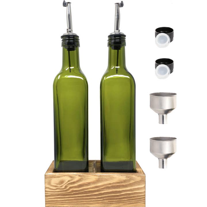 Oil and Vinegar Bottle Set of 2 - 17oz Green Glass with Tray for wholesale by CB Accessories