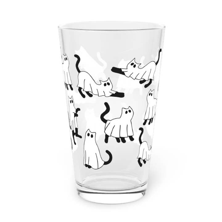 Halloween Ghost Cats Printed Tumbler Glass Cup for wholesale by Home and Honey Shop