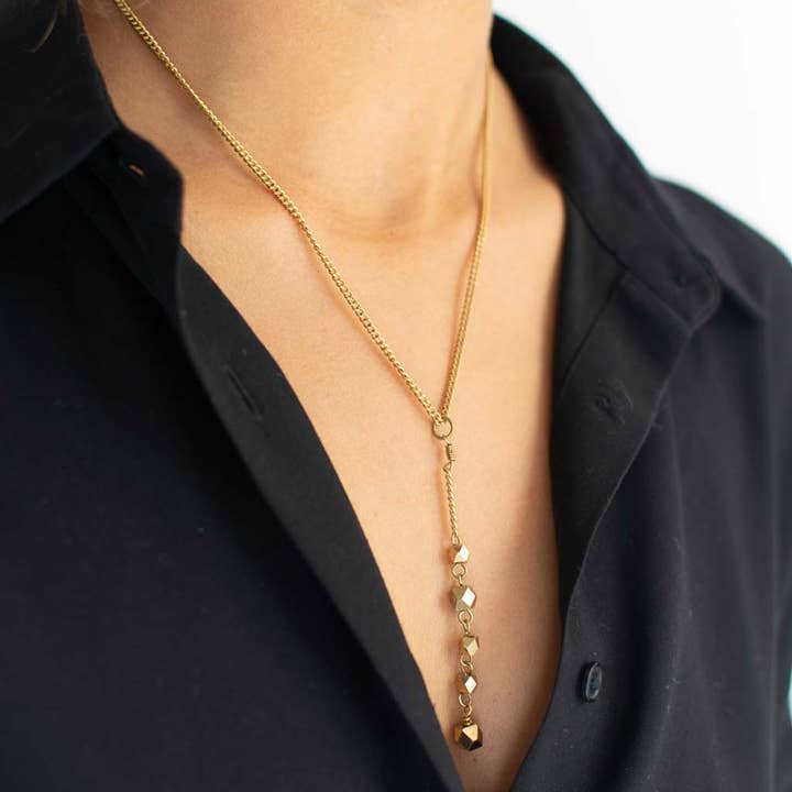 Fair + Simple - Wholesale Y-Neck/Lariat Necklace - Faceted Lariat Necklace in Geometric Brass