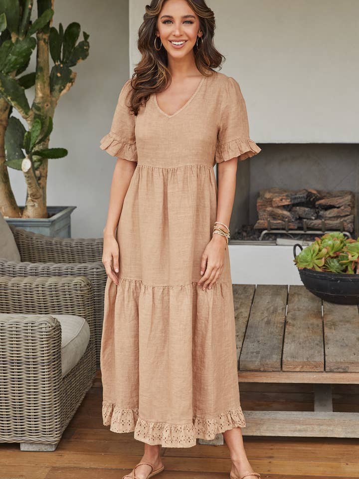 LINEN OPEN BACK TIERED MAXI DRESS (11227/154112-CAMEL) for wholesale by MILIO MILANO