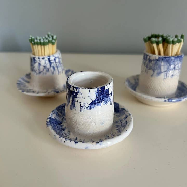 Amber Vintage Chicago Pottery - Wholesale Match Holder - Hanukkah special Blue and White Striker