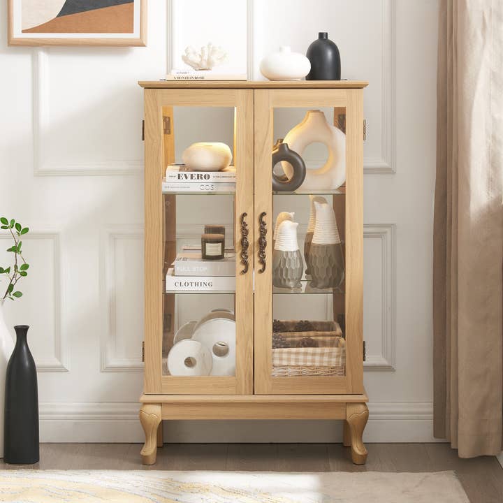 Orange County Decor - Wholesale Cabinet - 2 Doors Curio Cabinet With Tempered Glass Doors, Curio Cabinets With Mirrored Back Panel And Adjustable Shelves, Lighted Display Cabinet For Home, Office Light Bulb Included Oak Oak Mdf Glass2