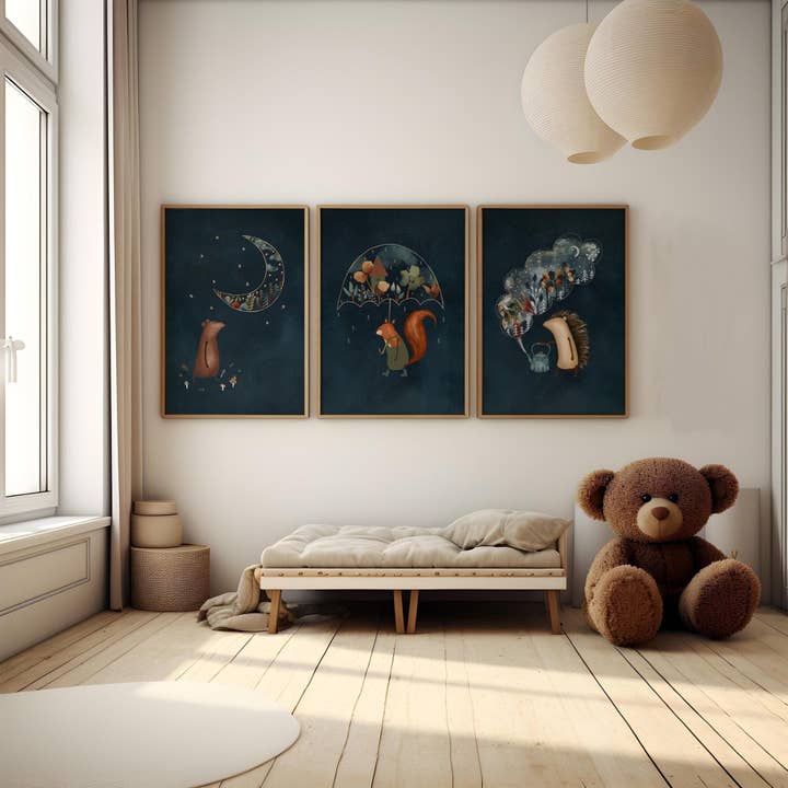 Set of 3 Night Sky Woodland Animal Prints for wholesale by Urchin Bay