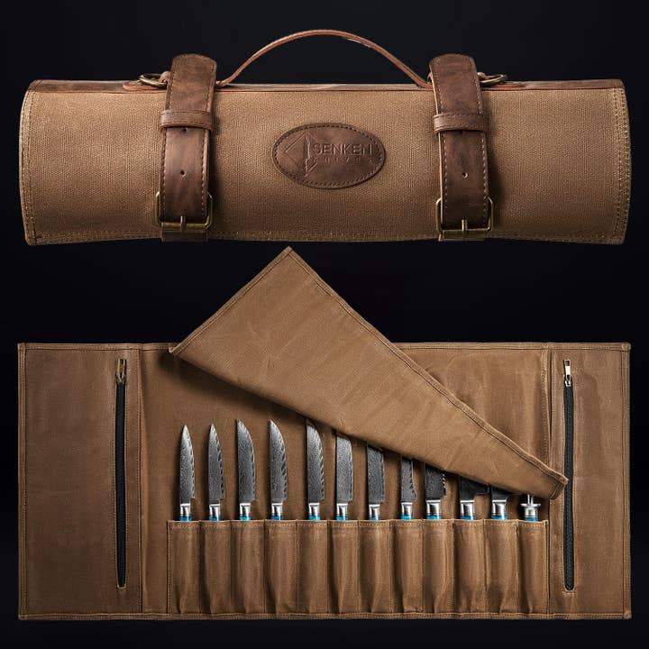 Senken Knives – wholesale Knife storage – Leather Oil-Waxed Chef Knife Roll Bag with Shoulder Strap4