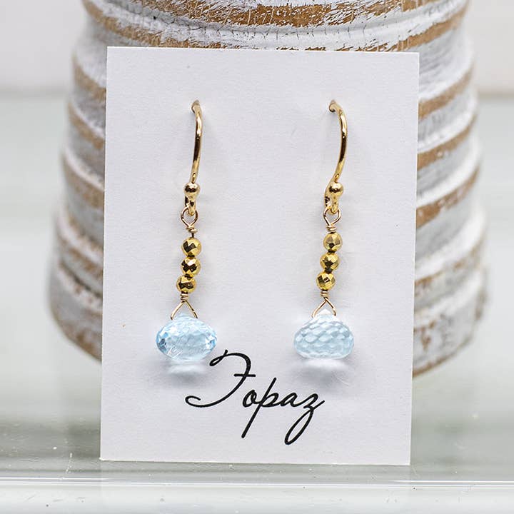 Topaz & Gold Pyrite Raindrop Earrings for wholesale by Susan Roberts Jewelry