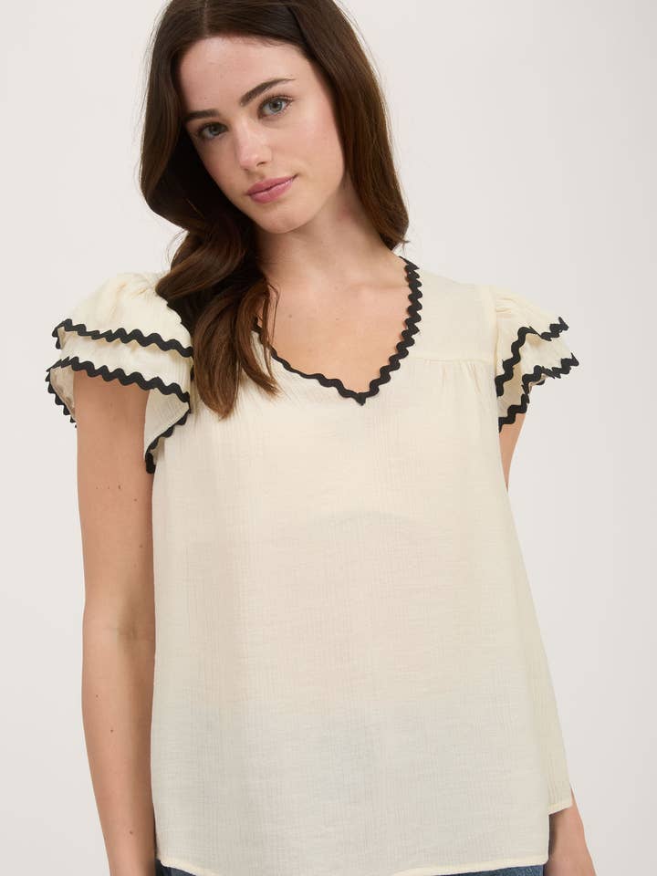 Blu Pepper - Wholesale Blouse - Women's - V NECK WAVY TRIM RUFFLE SLEEVE TOP