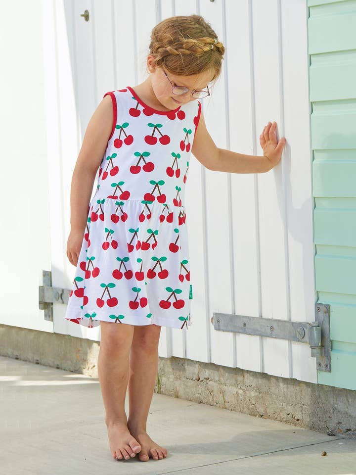 Organic Cherry Print Summer Dress - Red and White Color for wholesale by Toby Tiger UK