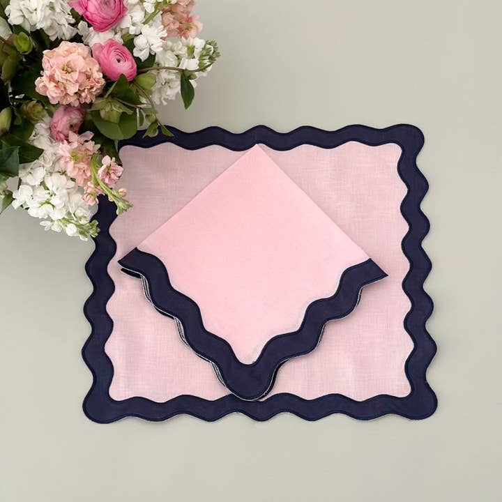 Don Lino - Venta al por mayor Manteles individuales - Mantel individual rosa ondulado con borde azul marino