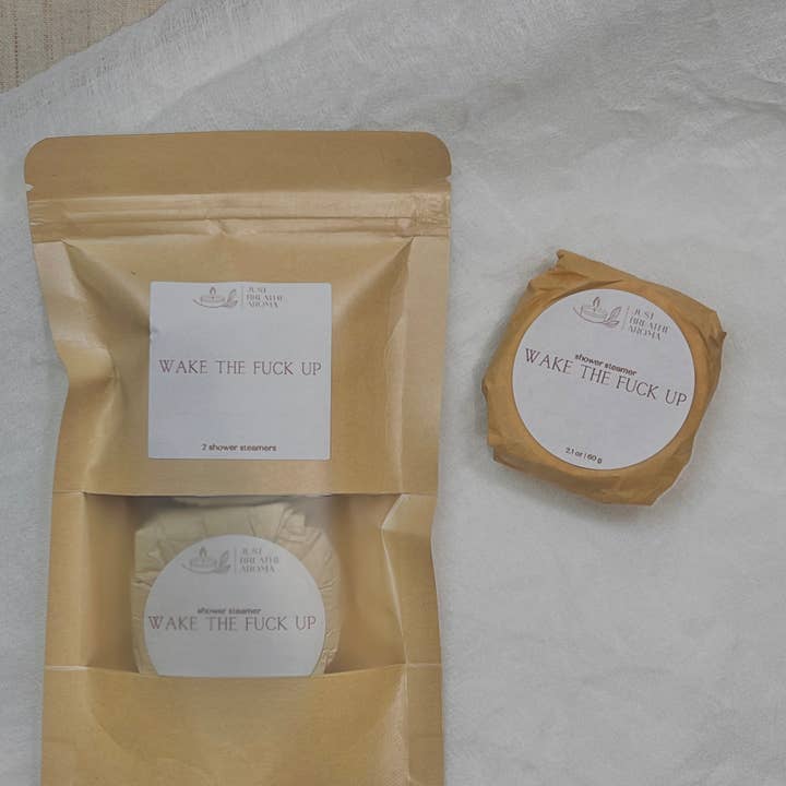 wake the fuck up aromatherapy shower steamers | single steam for wholesale by Just Breathe Aroma