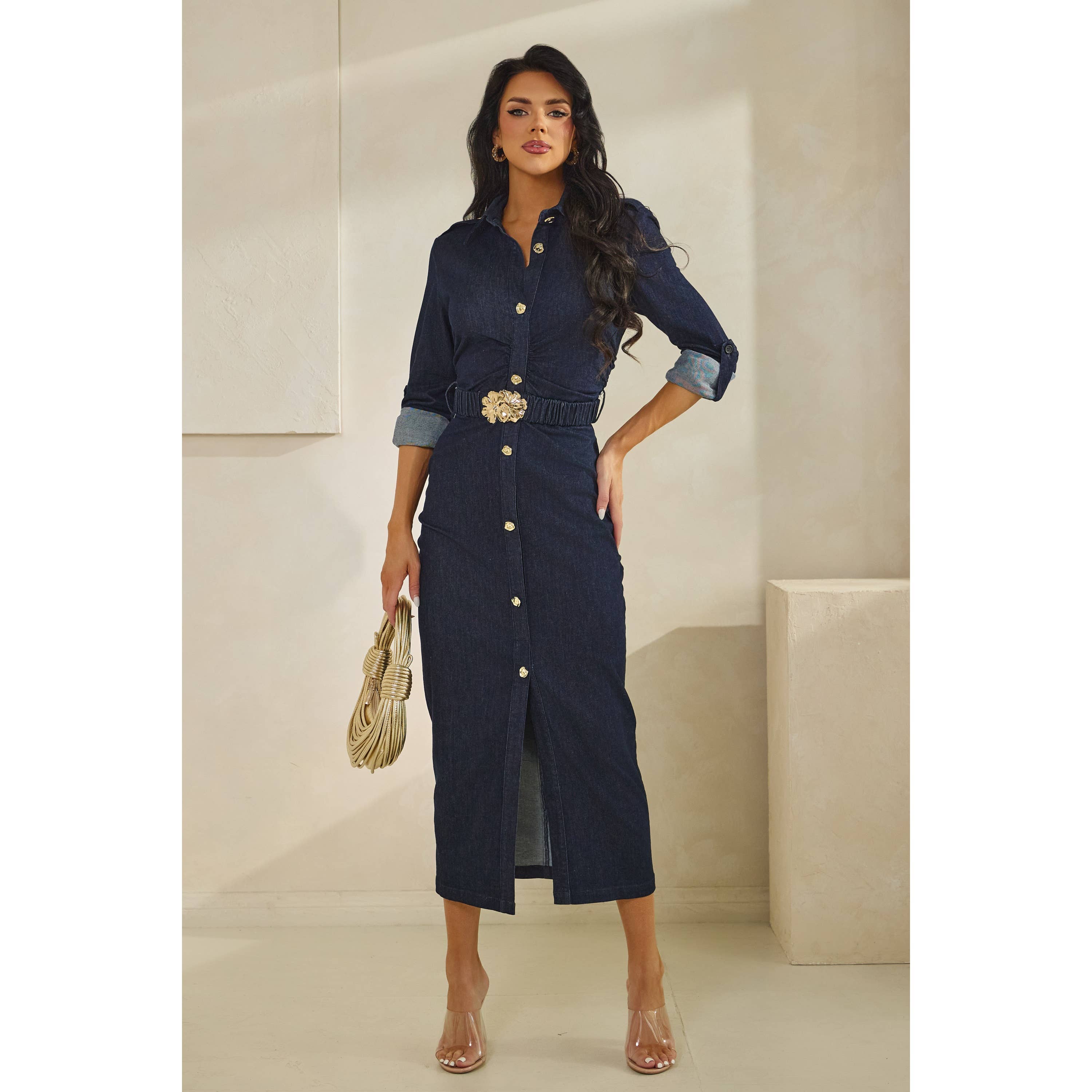 Dark Wash SELF COVERED ELASTIC BELT LSV MIDI STRETCH DENIM DRESS for wholesale on Faire0