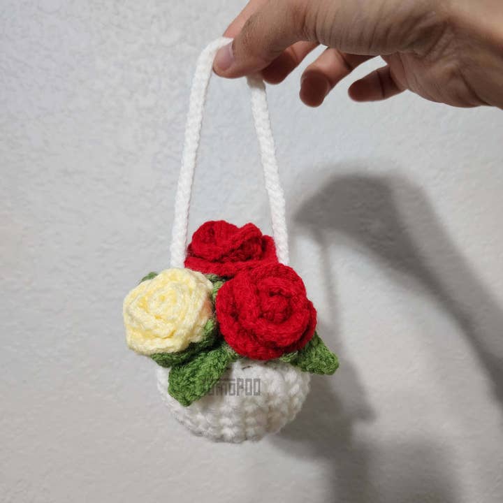 Crochet Rose Flower Pot Car Mirror Hanging, Gift for Her for wholesale by TOMOPOD LLC