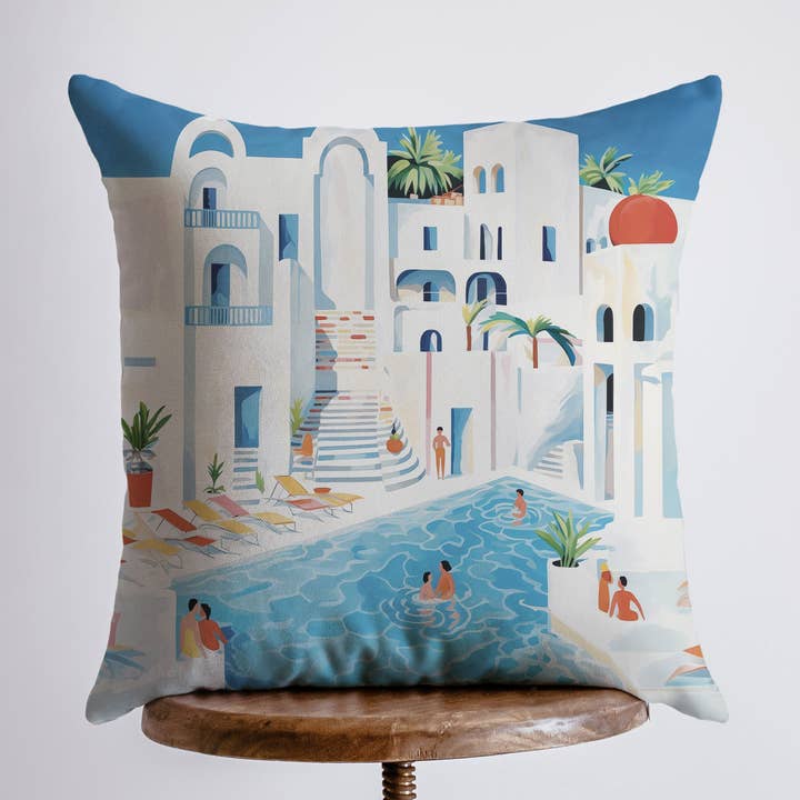 Græsk Villa | Abstrakt Gouache Maleri | Grækenland | Pyntepude for engroshandel hos UniikPillows