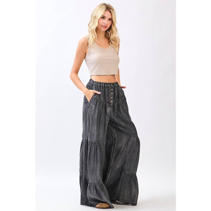 mittoshop - Wholesale Pants - Women's - WASHED CHAMBRAY TIERED WIDE LEG BUTTON FRONT PANTS2